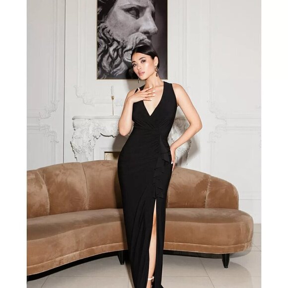 BETSY & ADAM Ruched Ruffle Column Gown in Black Size 18W - Picture 3 of 13